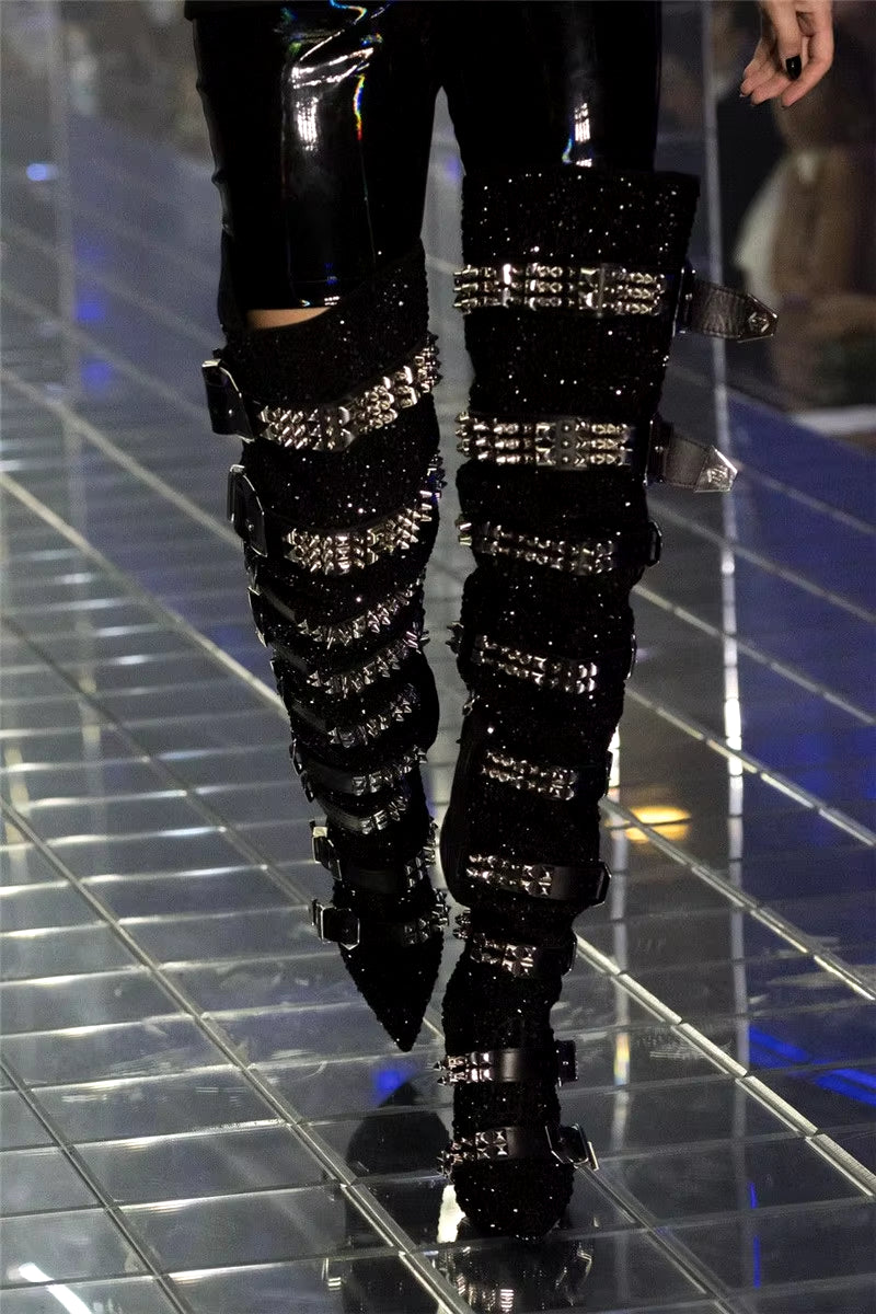 Luxury Crystal Decor Thigh High Boots Women 2026 Runway Bling Bling Buckle Belted over the Knee Boots Women Autumn Winter Shoes