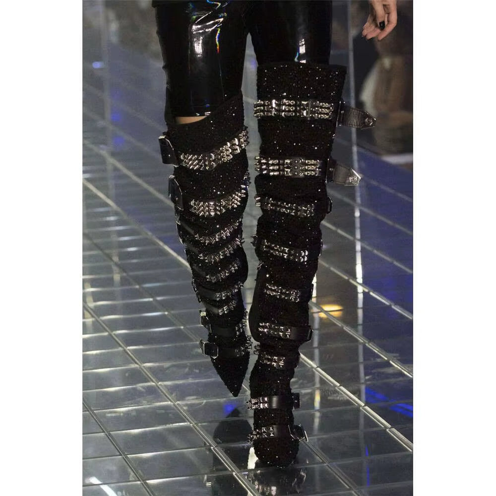 Luxury Crystal Decor Thigh High Boots Women 2026 Runway Bling Bling Buckle Belted over the Knee Boots Women Autumn Winter Shoes