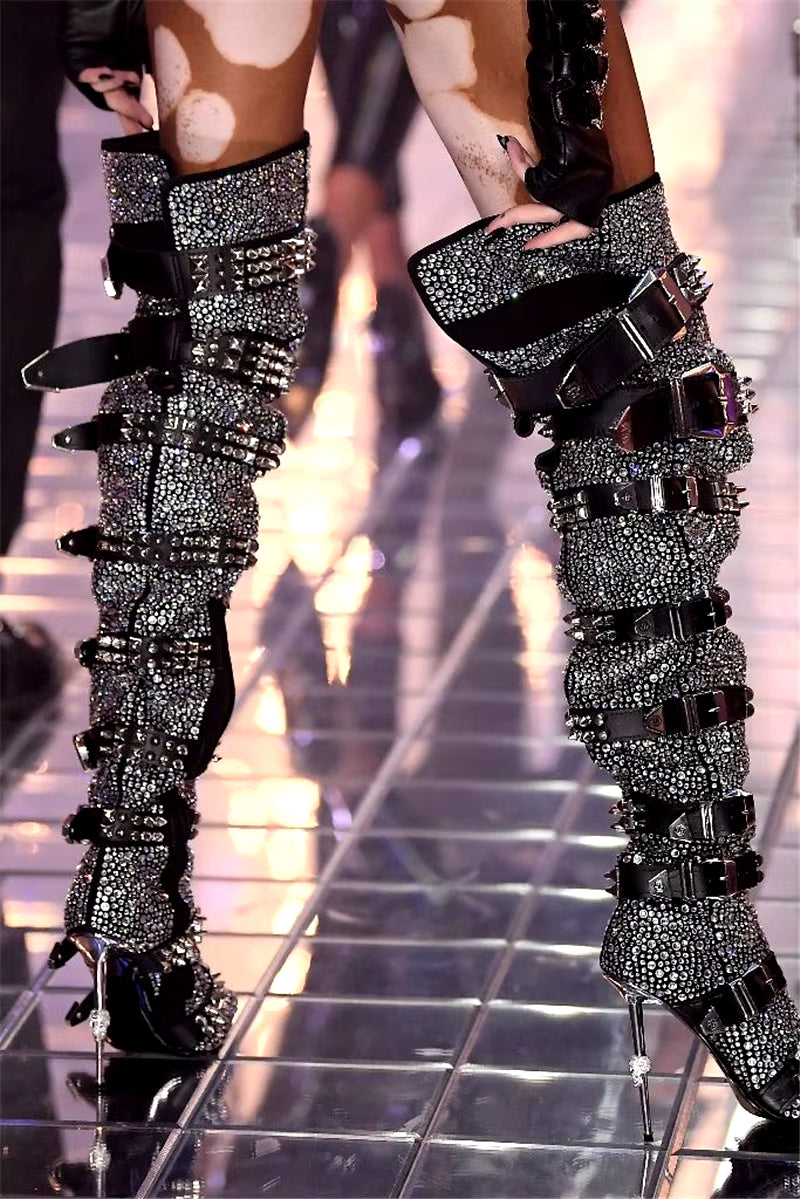 Luxury Crystal Decor Thigh High Boots Women 2026 Runway Bling Bling Buckle Belted over the Knee Boots Women Autumn Winter Shoes